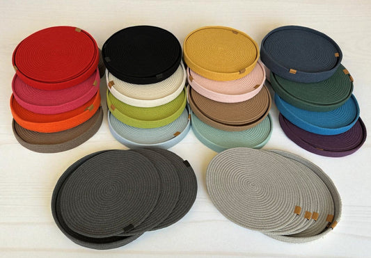 Set of 6 Cotton Rope Placemats with Holder - 13" Custom Size Colorful Dining Table Mats, Decorative Table Setting