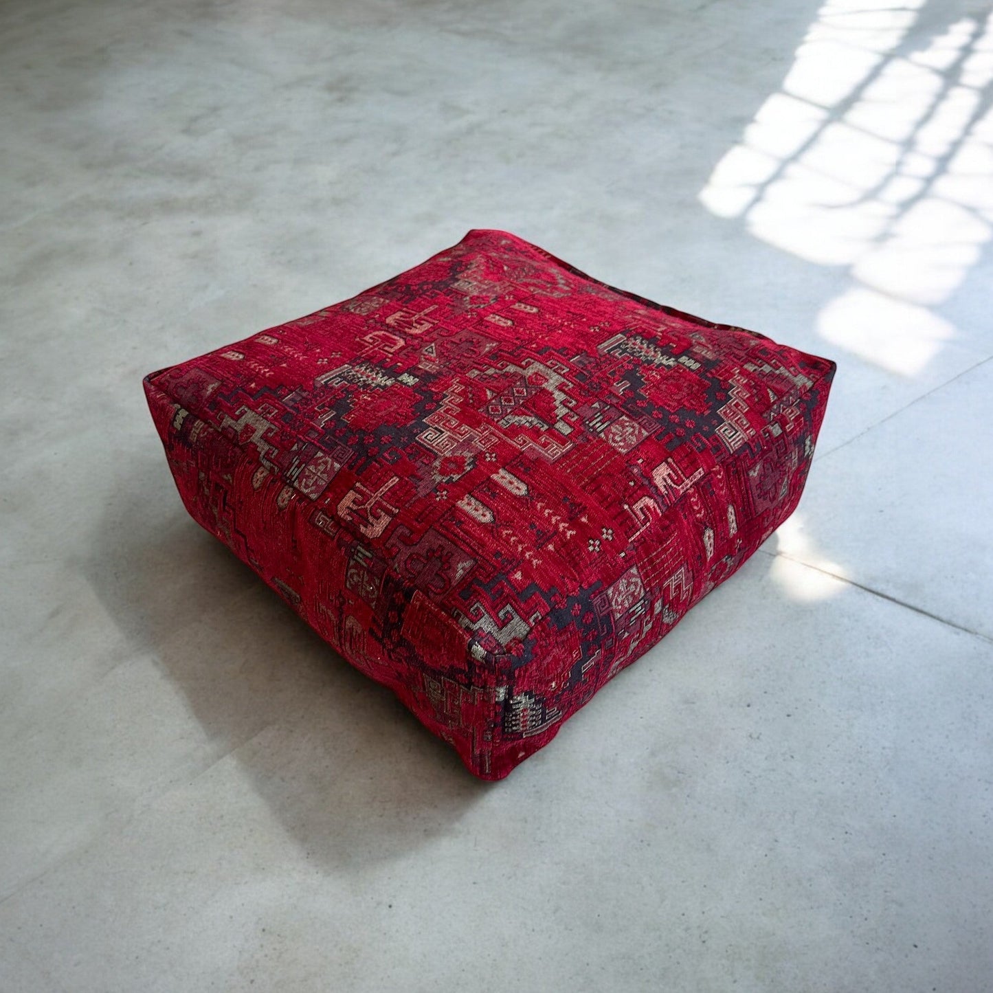 Kilim Patterned Pouf - Boho Tribal Outdoor Ottoman, Moroccan Floor Cushion, Footstool, Turkish Garden Pillow